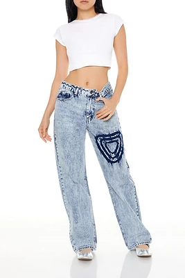 Heart Acid Wash Straight Leg Jean