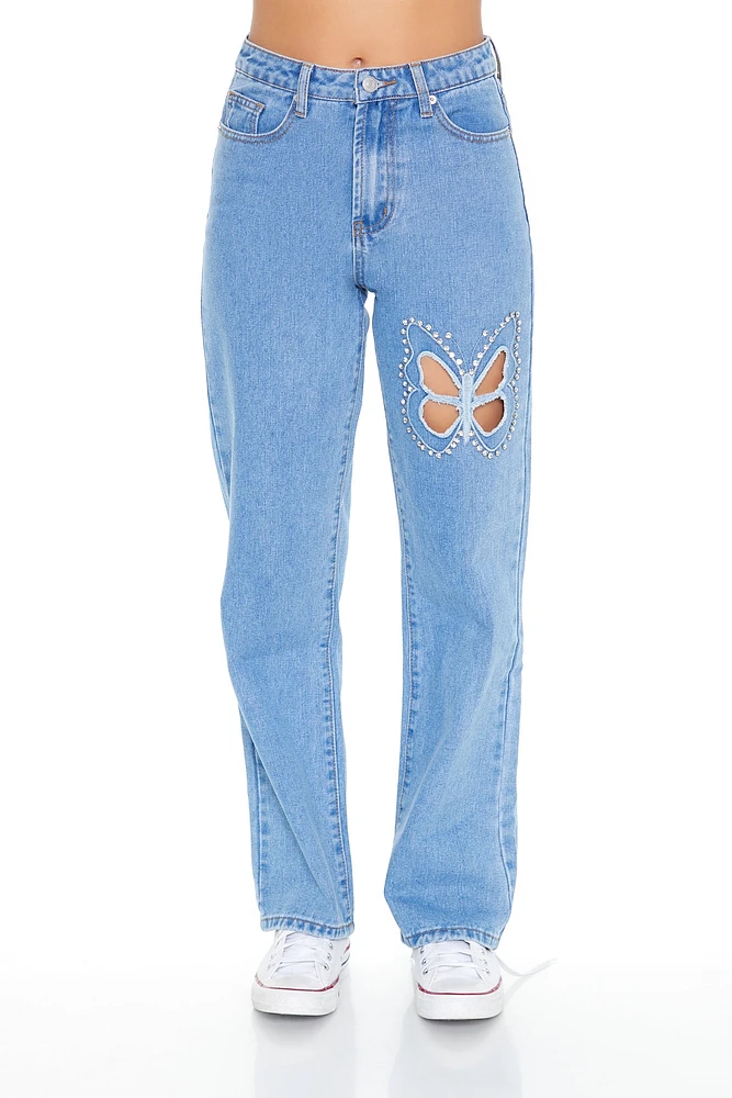 Rhinestone Butterfly Cut-Out Straight Leg Jean