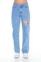 Rhinestone Butterfly Cut-Out Straight Leg Jean