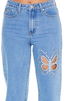 Rhinestone Butterfly Cut-Out Straight Leg Jean