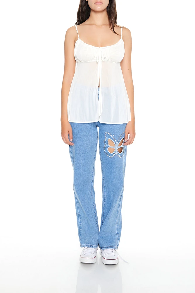 Rhinestone Butterfly Cut-Out Straight Leg Jean