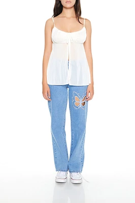 Rhinestone Butterfly Cut-Out Straight Leg Jean