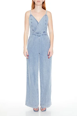 Denim Surplice Wide Leg Jumpsuit