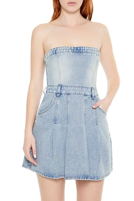 Strapless Pleated Denim Mini Dress