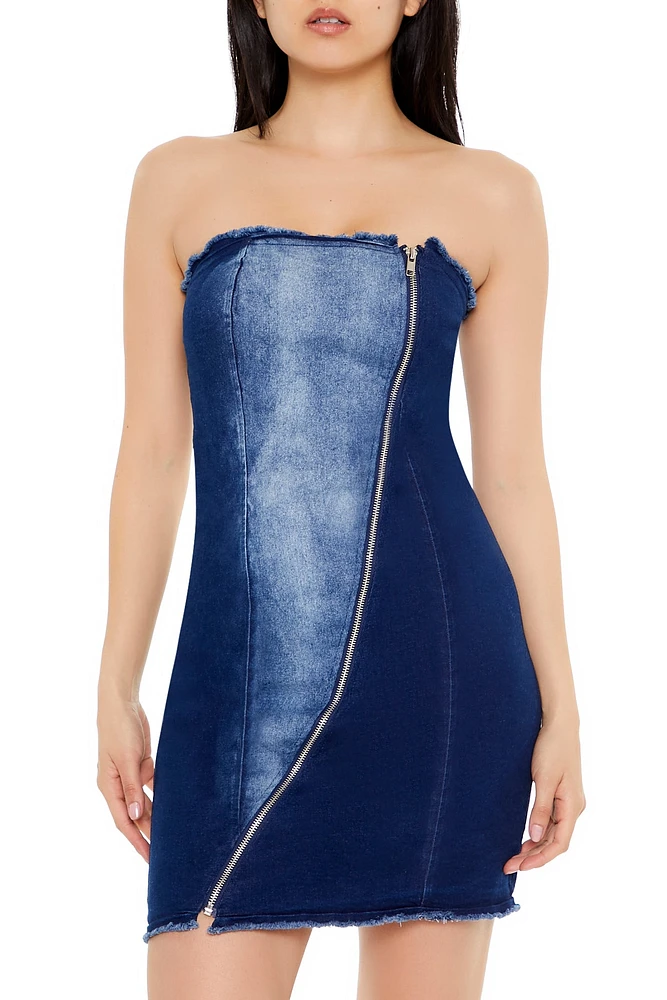 Denim Stone Wash Zip-Up Mini Tube Dress