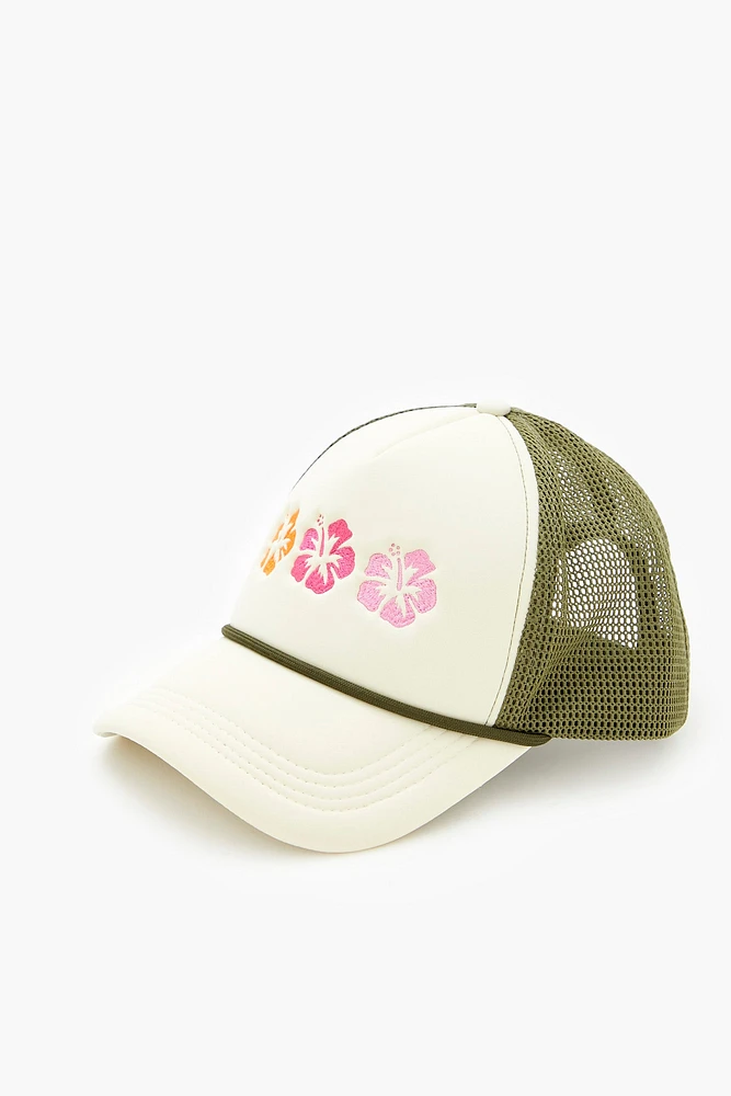 Hawaiian Flower Embroidered Trucker Hat