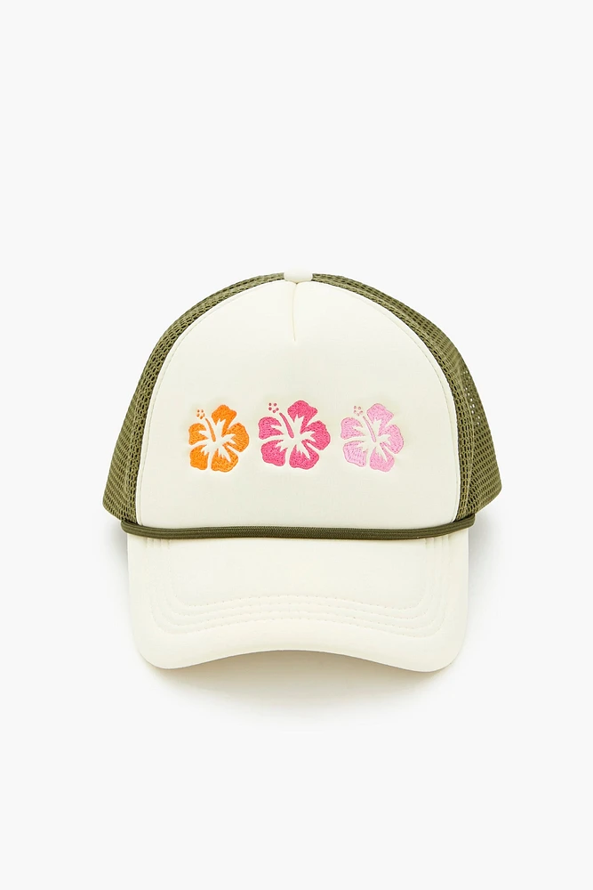 Hawaiian Flower Embroidered Trucker Hat