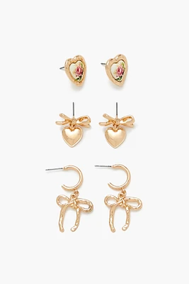 Heart and Bow Earring Set (3 Pairs)