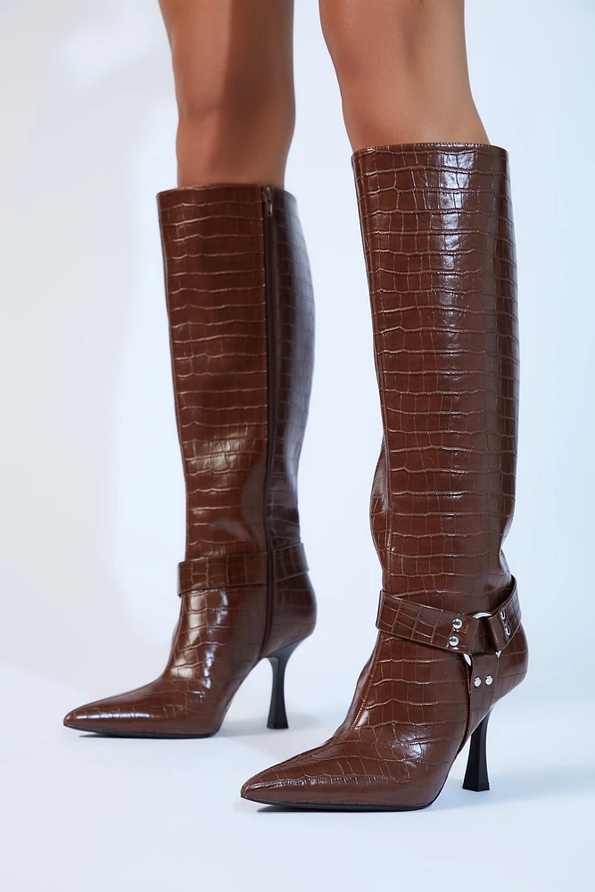 Bottes stiletto en similipeau de crocodile avec anneau O