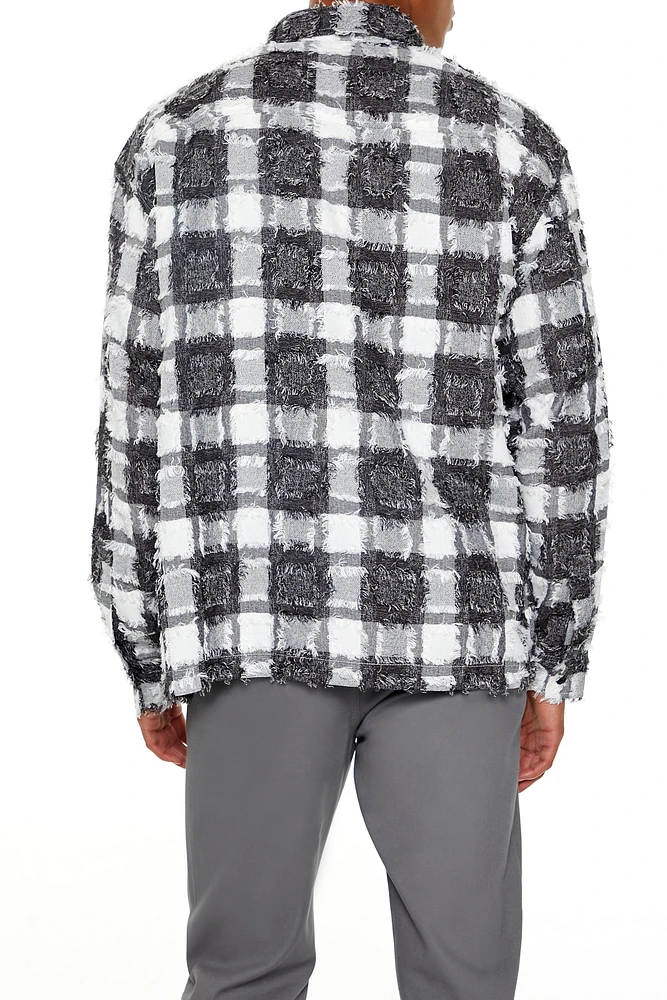 Frayed Textured Plaid Button-Up Top