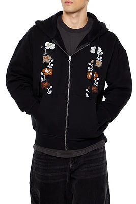 Floral Embroidered Zip-Up Hoodie