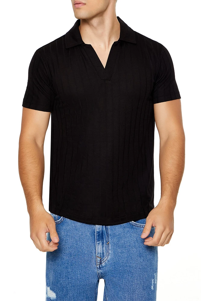 Ribbed Knit V-Neck Polo Top