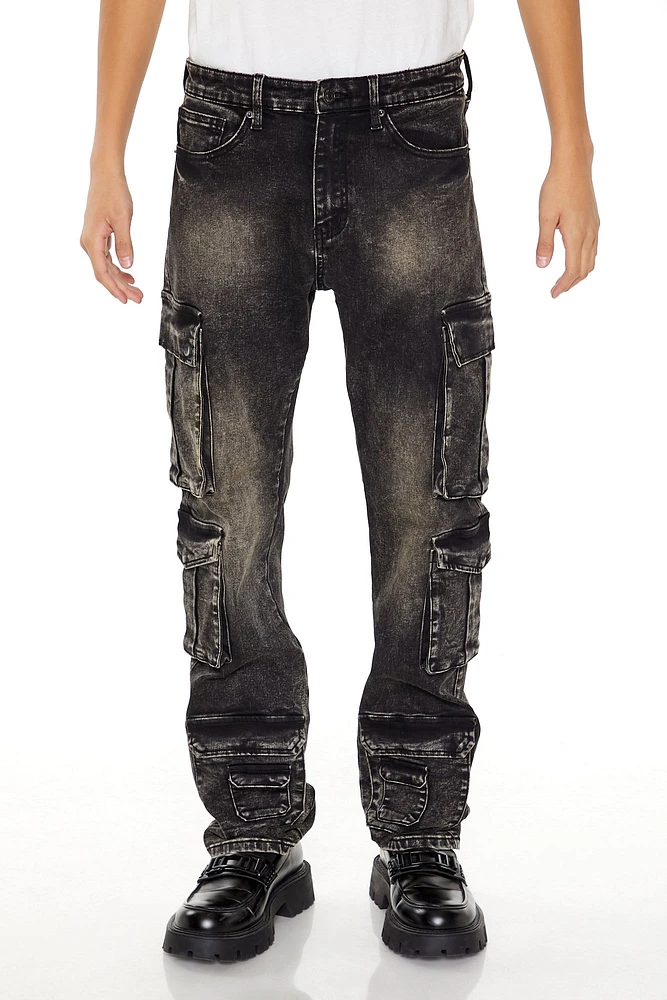 Black Acid Wash Slim Fit Cargo Jean