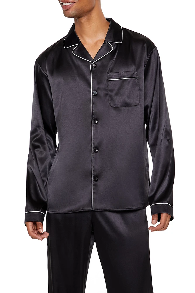 Piped Trim Satin Long Sleeve Pajama Top