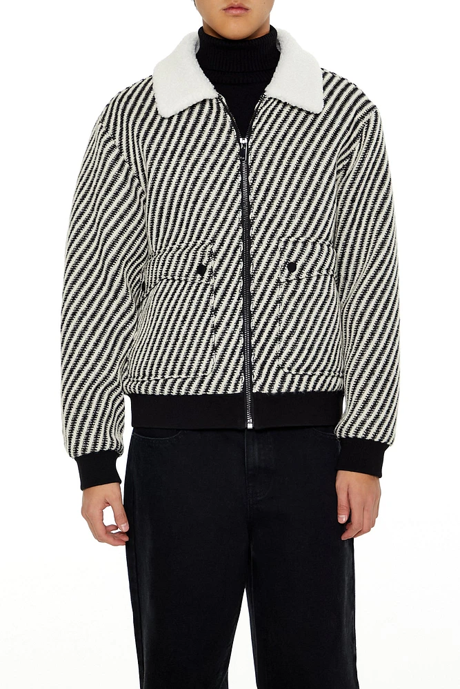 Faux-Shearling Collar Striped Jacket