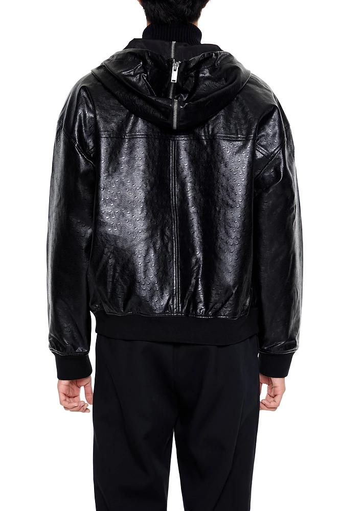 Faux Leather Hooded Bomber Jacket