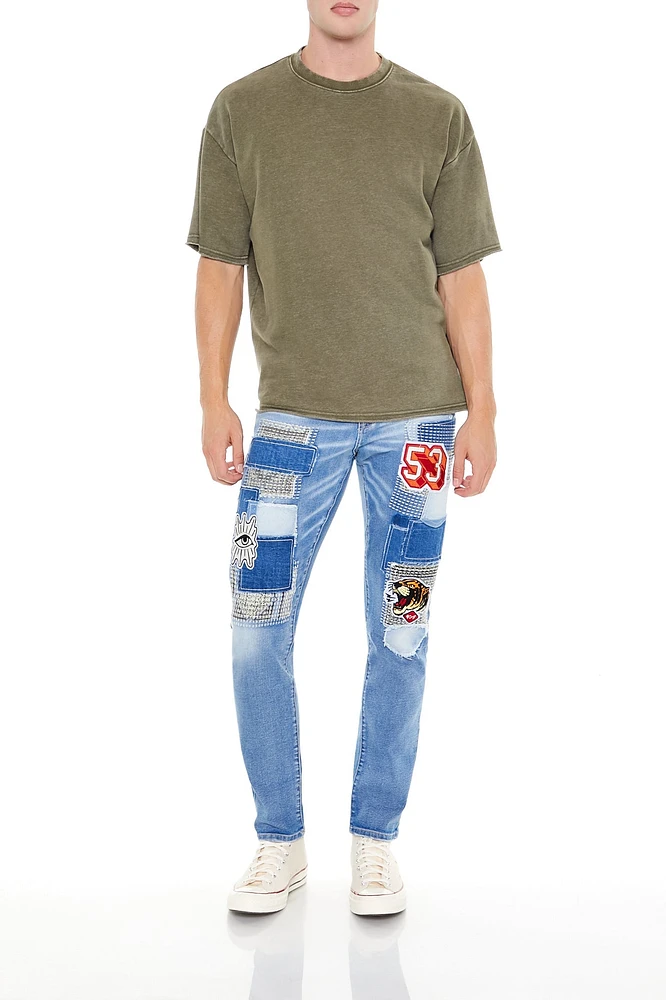 Frayed Slim-Fit Patchwork Jean