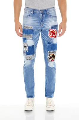 Frayed Slim-Fit Patchwork Jean