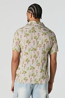 Cactus Print Short Sleeve Button-Up Top