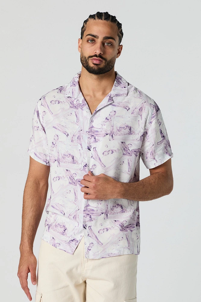 Abstract Print Short Sleeve Button-Up Top