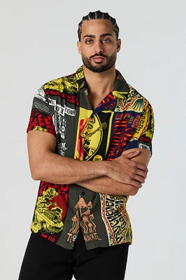 Rock n Roll Print Short Sleeve Button-Up Top