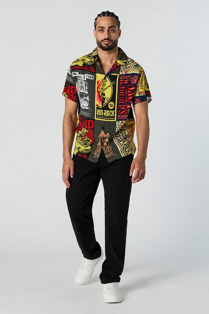 Rock n Roll Print Short Sleeve Button-Up Top