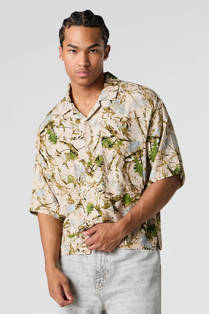 Woodland Print Boxy Button-Up Top