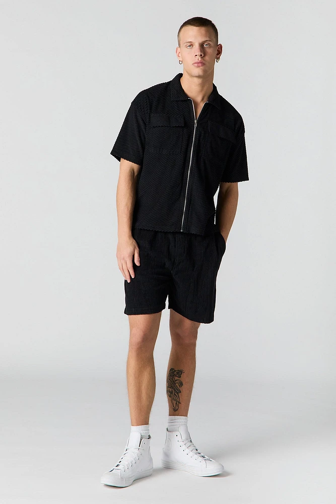 Ribbed Knit Zip-Up Short Sleeve Top