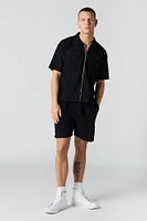 Ribbed Knit Zip-Up Short Sleeve Top
