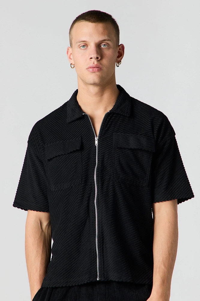 Ribbed Knit Zip-Up Short Sleeve Top