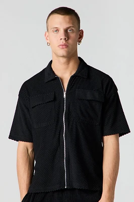 Ribbed Knit Zip-Up Short Sleeve Top