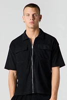 Ribbed Knit Zip-Up Short Sleeve Top