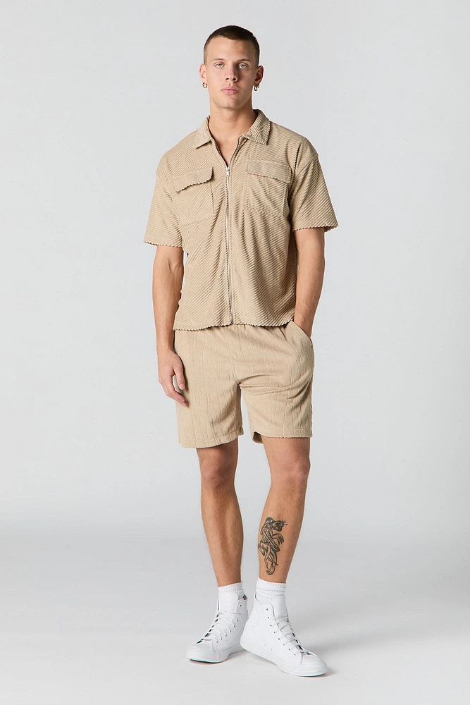 Ribbed Knit Zip-Up Short Sleeve Top