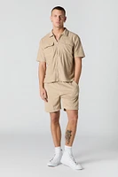 Ribbed Knit Zip-Up Short Sleeve Top