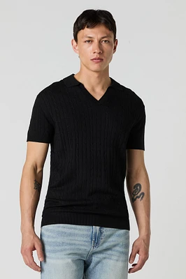 Cable Knit Collared V-neck Top