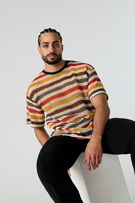 Striped Crochet Crewneck T-Shirt