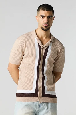 Contrast Ribbed Knit Short Sleeve Button-Up Top