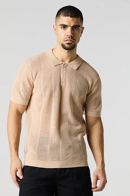 Textured Open Knit Polo T-Shirt