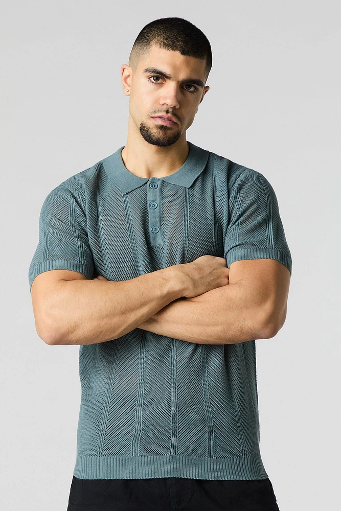 Textured Open Knit Polo T-Shirt