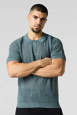 Textured Open Knit Polo T-Shirt