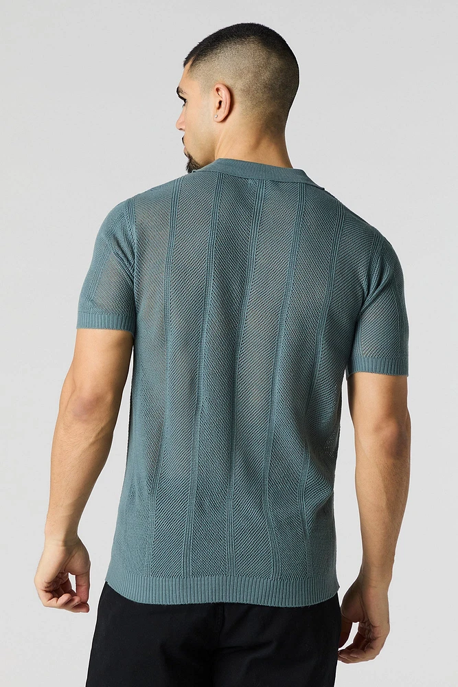 Textured Open Knit Polo T-Shirt