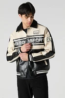 Blouson aviateur en similicuir avec blocs de couleurs et imprimé Motosport