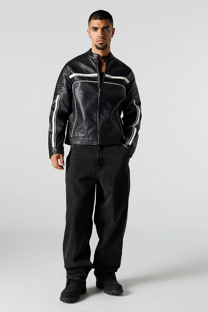 Blouson de style moto en similicuir contrastant