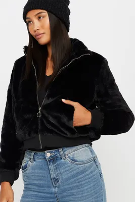 Faux-Fur Zip-Up Cropped Bomber Jacket
