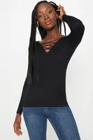 Ribbed Lace-Up Long Sleeve Top