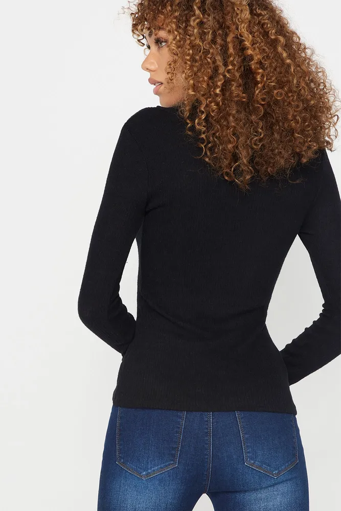 Ribbed Cowl Neck Long Sleeve Top