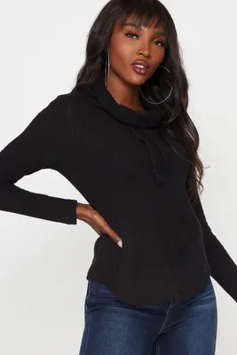 Waffle Knit Cowl Neck Drawstring Pullover Top