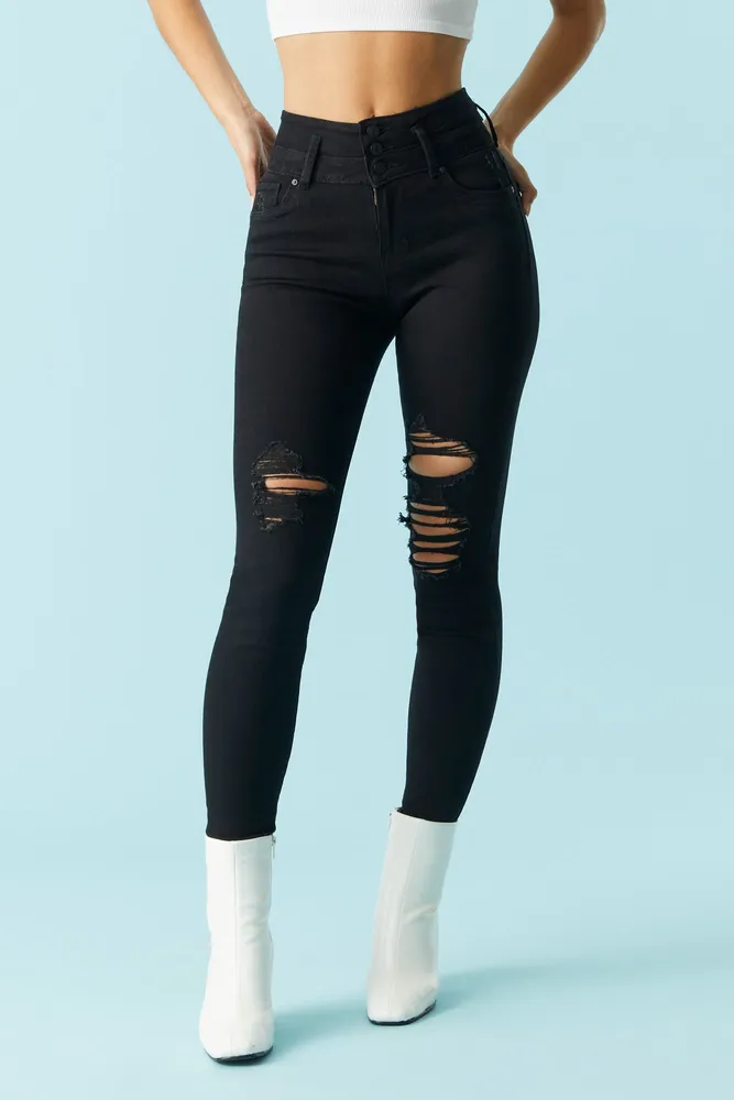 Refuge Distressed Black 3-Tier High-Rise Push-Up Skinny Jean