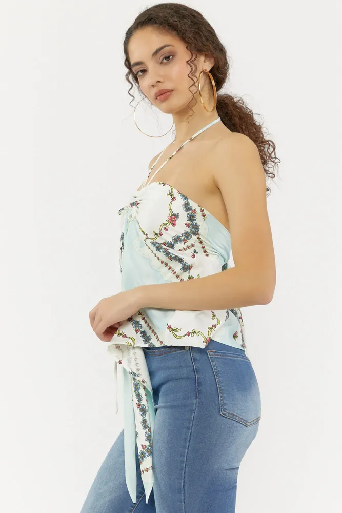 Printed Ruched Front Tie Halter Top