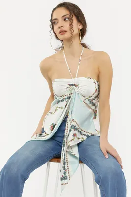 Printed Ruched Front Tie Halter Top